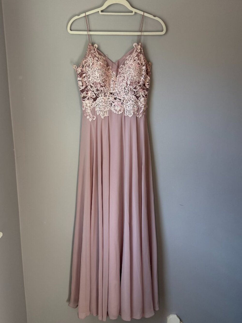 Womens 8 Mauve Pink Maxi Dress Lace Embroidered Formal Prom Spaghetti Strap